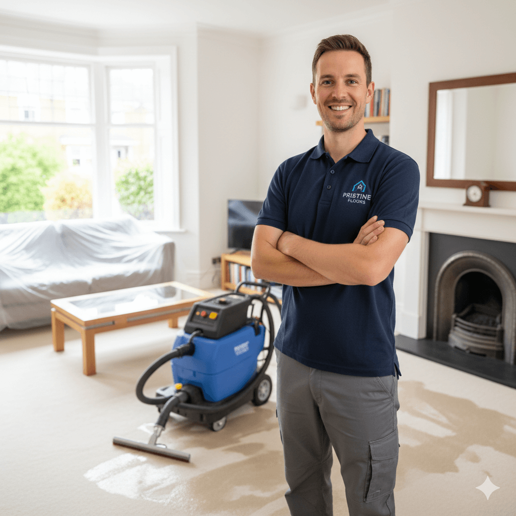 Professional carpet cleaner at work